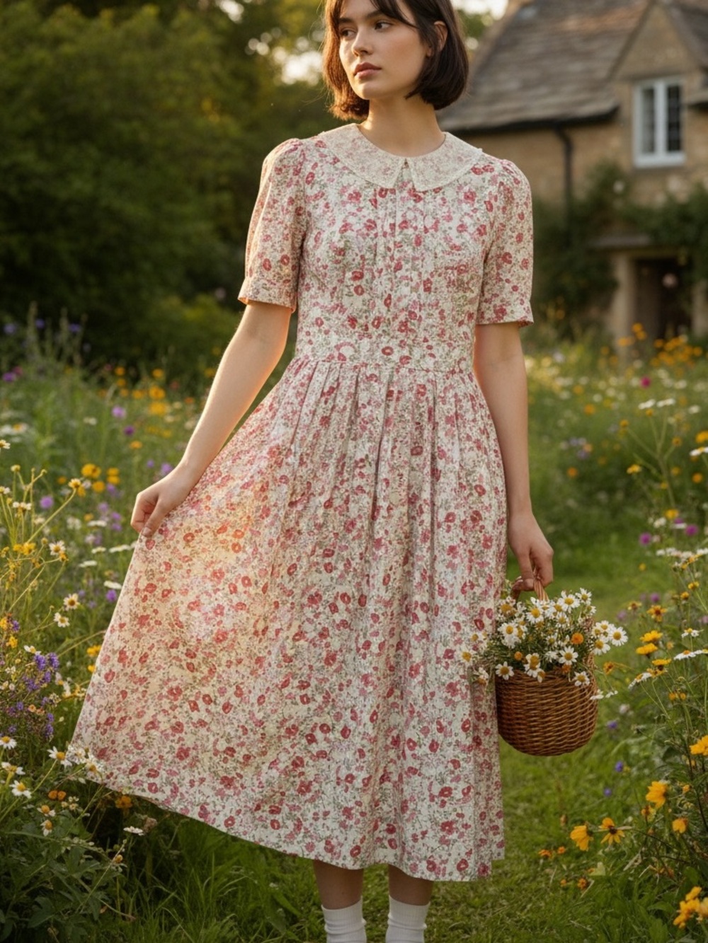 VTG Laura Ashley Floral Lace Peter Pan Collare Dress Made in Great Britain
